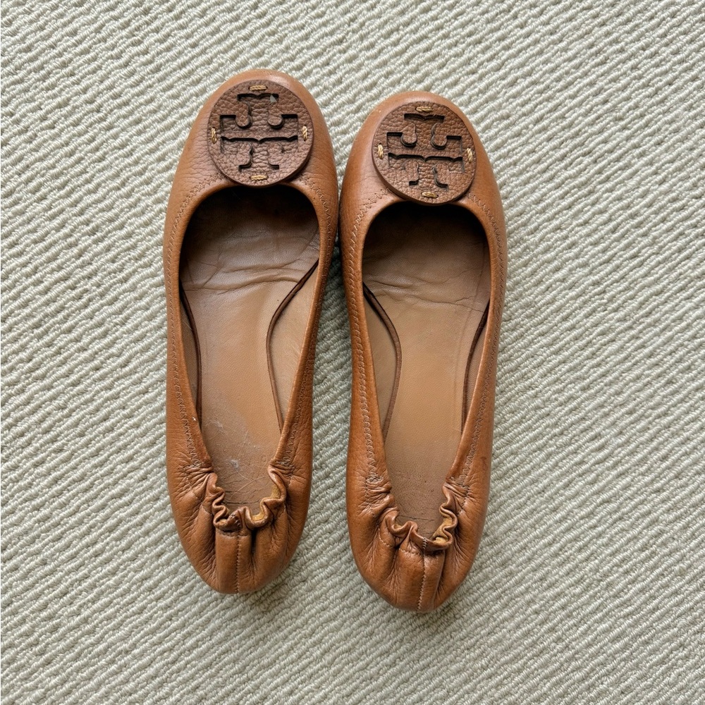 Tory Burch Cognac Leather Logo Ballet Flats